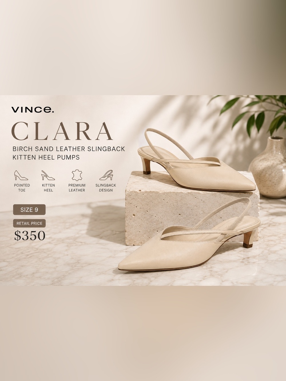 Vince Clara Leather Slingback Heel - Birch Sand - Size 9 NIB/Store display